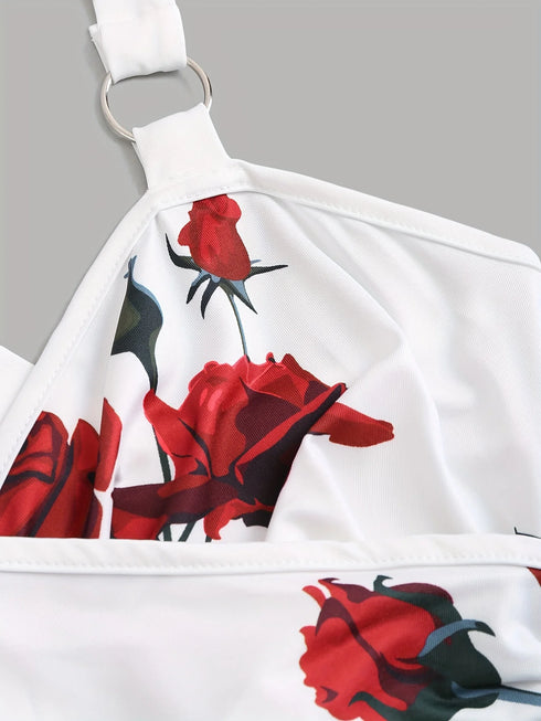 Rose Print Pleated Suspenders Butterfly Lace Cross Vest Women’s Tops